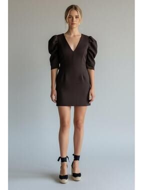 DO+BE Black Puff Sleeve Mini Dress, V-Neckline, Bodycon Silhouette, Size Medium